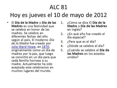 ALC 81 Hoy es jueves el 10 de mayo de 2012