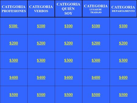 1 $200 $300 $400 $500 $100 $200 $300 $400 $500 $100 $200 $300 $400 $500 $100 $200 $300 $400 $500 $100 $200 $300 $400 $500 $100 CATEGORIA PROFESIONES CATEGORIA.