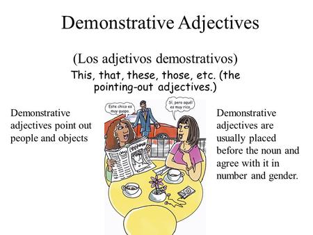This, that, these, those, etc. (the pointing-out adjectives.) Demonstrative Adjectives (Los adjetivos demostrativos) Demonstrative adjectives point out.