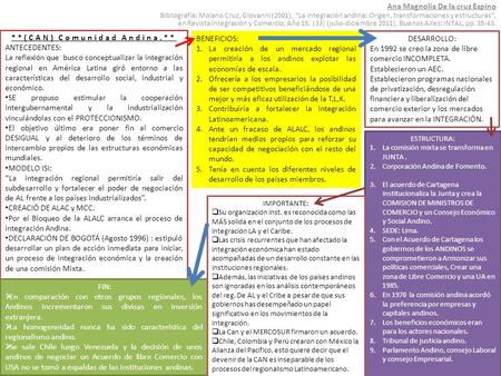 Ana Magnolia De la cruz Espino Bibliografía: Molano Cruz, Giovanni (2001), “La integración andina: Origen, transformaciones y estructuras”, en Revista.