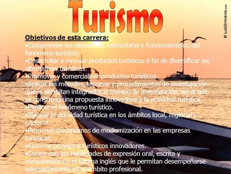 Objetivos de esta carrera: Comprender los elementos, estructuras y funcionamiento del fenómeno turístico. Desarrollar e innovar productos turísticos a.