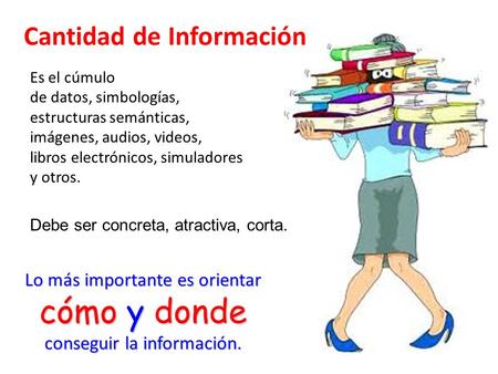 Es el cúmulo de datos, simbologías, estructuras semánticas, imágenes, audios, videos, libros electrónicos, simuladores y otros. | Cantidad de Información.