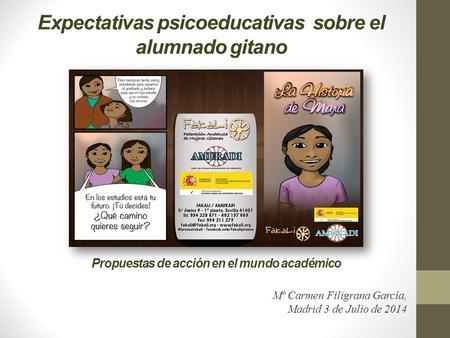 Expectativas psicoeducativas sobre el alumnado gitano Propuestas de acción en el mundo académico Mª Carmen Filigrana García, Madrid 3 de Julio de 2014.