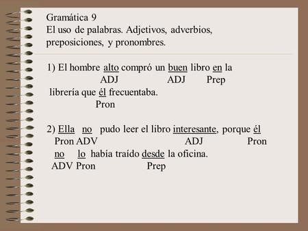 1) El hombre alto compró un buen libro en la ADJ Prep librería que él frecuentaba. Pron 2) Ella no pudo leer el libro interesante, porque él Pron ADV ADJ.