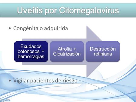 Congénita o adquirida Vigilar pacientes de riesgo Exudados cotonosos + hemorragias Atrofia + Cicatrización Destrucción retiniana.