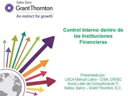 Control Interno dentro de las Instituciones Financieras Presentado por: LSCA Manuel Llano - CISA, CRISC Socio Líder de Consultoría de TI Salles, Sainz.