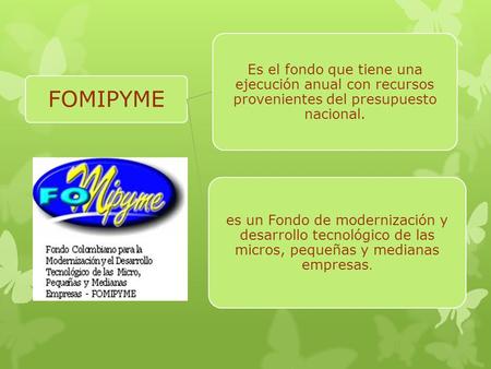 FOMIPYME Es el fondo que tiene una ejecución anual con recursos provenientes del presupuesto nacional. es un Fondo de modernización y desarrollo tecnológico.