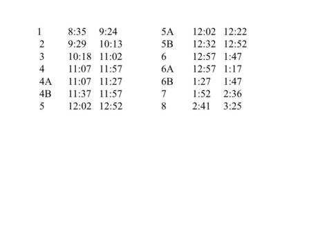 18:35 9:24 5A 12:02 12:22 29:29 10:13 5B 12:32 12:52 310:18 11:02 6 12:57 1:47 411:07 11:57 6A 12:57 1:17 4A11:07 11:27 6B 1:27 1:47 4B11:37 11:57 7 1:52.
