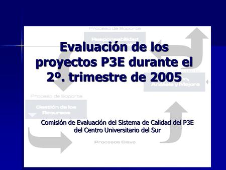 Evaluación de los proyectos P3E durante el 2º. trimestre de 2005 Comisión de Evaluación del Sistema de Calidad del P3E del Centro Universitario del Sur.