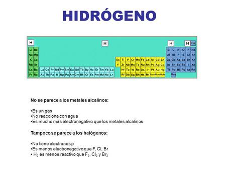 HIDRÓGENO No se parece a los metales alcalinos: Es un gas