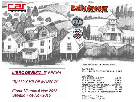 CRONOLOGIA RALLY CHILOE MAGICO DIA VIERNES PE 1 SUPER ESPECIAL QUEILEN 2,5 KM DIA SABADO PC 2 DETICO - CONTUY 1 16,3 KM PC 3 LELBUN – AITUY 1 8,8 KM PC.