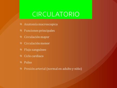 CIRCULATORIO Anatomía macroscopica Funciones principales