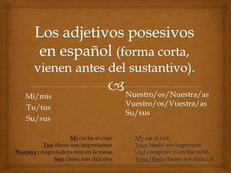 Mi/misTu/tusSu/sus Nuestro/os/Nuestra/as Vuestro/os/Vuestra/as Su/sus Mi coche es rojo. Tus libros son importantes. Nuestra computadora está en la mesa.