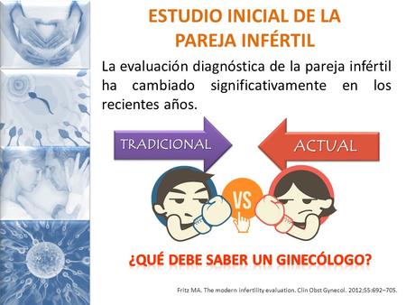 La evaluación diagnóstica de la pareja infértil ha cambiado significativamente en los recientes años. TRADICIONALTRADICIONAL ACTUALACTUAL Fritz MA. The.