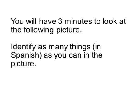 You will have 3 minutes to look at the following picture. Identify as many things (in Spanish) as you can in the picture.