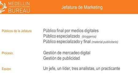 Jefatura de Marketing Proceso: Gestión de mercadeo digital Gestión de publicidad Públicos de la Jefatura Público final por medios digitales Público especializado.