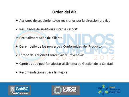 Orden del día Acciones de seguimiento de revisiones por la direccion previas Resultados de auditorias internas al SGC Retroalimentación del Cliente Desempeño.