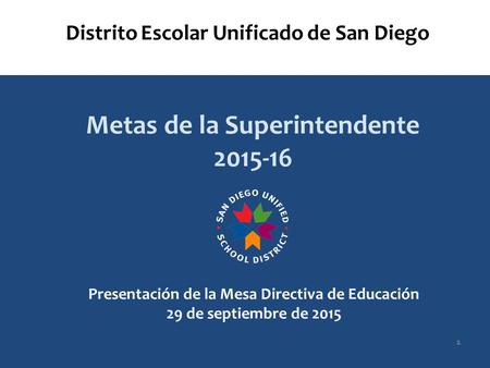 Distrito Escolar Unificado de San Diego Metas de la Superintendente 2015-16 Presentación de la Mesa Directiva de Educación 29 de septiembre de 2015 1.