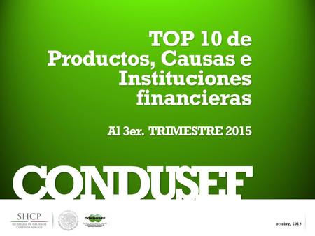 1 CONDUSEF TOP 10 de Productos, Causas e Instituciones financieras Al 3er. TRIMESTRE 2015.