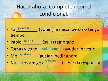 Hacer ahora: Completen con el condicional. Yo _________ (poner) la mesa, pero no tengo tiempo. Pablo ________ (salir) temprano. Tomás y yo te __________.