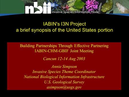 IABIN's I3N Project a brief synopsis of the United States portion Building Partnerships Through Effective Partnering IABIN-CHM-GBIF Joint Meeting Cancun.