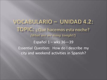 Español 1 – wks 36—39 Essential Question: How do I describe my city and weekend activities in Spanish?
