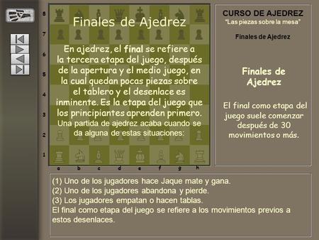 (1) Uno de los jugadores hace Jaque mate y gana. (2) Uno de los jugadores abandona y pierde. (3) Los jugadores empatan o hacen tablas. El final como etapa.