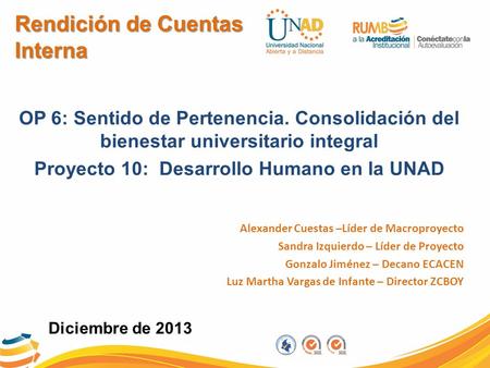 Rendición de Cuentas Interna OP 6: Sentido de Pertenencia. Consolidación del bienestar universitario integral Proyecto 10: Desarrollo Humano en la UNAD.