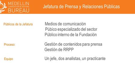 Jefatura de Prensa y Relaciones Públicas Proceso: Gestión de contenidos para prensa Gestión de RRPP Públicos de la Jefatura Medios de comunicación Púbico.