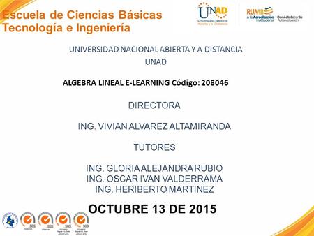 Escuela de Ciencias Básicas Tecnología e Ingeniería UNIVERSIDAD NACIONAL ABIERTA Y A DISTANCIA UNAD DIRECTORA ING. VIVIAN ALVAREZ ALTAMIRANDA TUTORES ING.