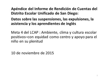 Apéndice del Informe de Rendición de Cuentas del Distrito Escolar Unificado de San Diego: Datos sobre las suspensiones, las expulsiones, la asistencia.