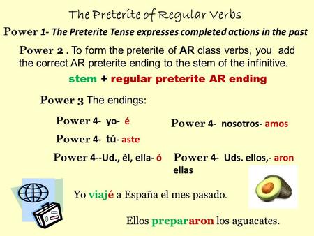 The Preterite of Regular Verbs Power 2. To form the preterite of AR class verbs, you add the correct AR preterite ending to the stem of the infinitive.