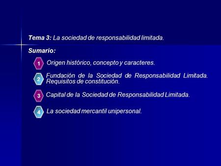 Tema 3: La sociedad de responsabilidad limitada. Sumario: 1 2 3 Origen histórico, concepto y caracteres. Fundación de la Sociedad de Responsabilidad Limitada.