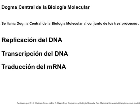 Replicación del DNA Transcripción del DNA Traducción del mRNA