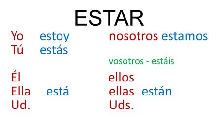 ESTAR Yo estoynosotros estamos Tú estás vosotros - estáis Él ellos Ella estáellasestán Ud. Uds.