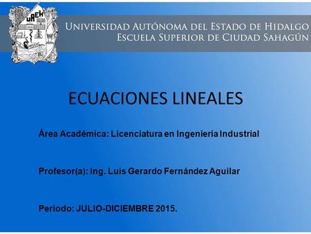 ECUACIONES LINEALES Área Académica: Licenciatura en Ingeniería Industrial Profesor(a): Ing. Luis Gerardo Fernández Aguilar Periodo: JULIO-DICIEMBRE 2015.