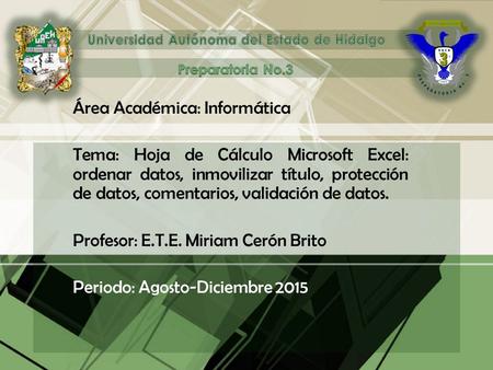 Área Académica: Informática Tema: Hoja de Cálculo Microsoft Excel: ordenar datos, inmovilizar título, protección de datos, comentarios, validación de datos.