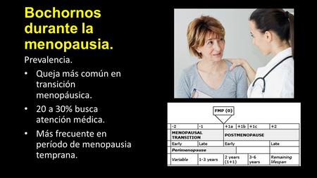 Bochornos durante la menopausia. Prevalencia. Queja más común en transición menopáusica. 20 a 30% busca atención médica. Más frecuente en período de menopausia.