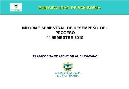 MUNICIPALIDAD DE SAN BORJA MUNICIPALIDAD DE SAN BORJA PLATAFORMA DE ATENCIÓN AL CIUDADANO INFORME SEMESTRAL DE DESEMPEÑO DEL PROCESO 1° SEMESTRE 2015.