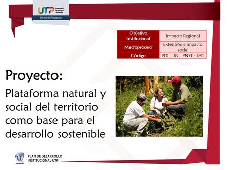 Proyecto: Plataforma natural y social del territorio como base para el desarrollo sostenible Objetivo institucional Impacto Regional Macroproceso Extensión.