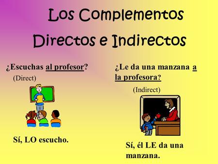 Los Complementos Directos e Indirectos ¿Escuchas al profesor? Sí, LO escucho. ¿Le da una manzana a la profesora ? Sí, él LE da una manzana. (Direct) (Indirect)