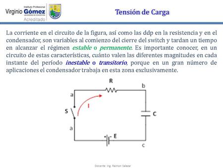 Docente: Ing. Raimon Salazar Tensión de Carga La corriente en el circuito de la figura, así como las ddp en la resistencia y en el condensador, son variables.