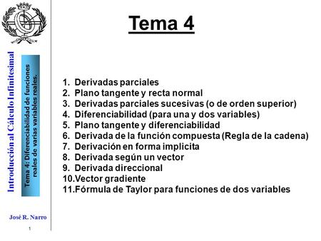 José R. Narro Introducción al Cálculo Infinitesimal Tema 4: Diferenciabilidad de funciones reales de varias variables reales. José R. Narro 1 Tema 4 1.Derivadas.