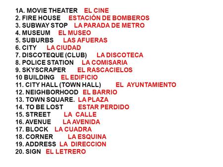 1A. MOVIE THEATER EL CINE 2. FIRE HOUSE ESTACIÓN DE BOMBEROS 3. SUBWAY STOP LA PARADA DE METRO 4. MUSEUM EL MUSEO 5. SUBURBS LAS AFUERAS 6. CITY LA CIUDAD.