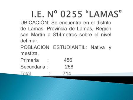 UBICACIÓN: Se encuentra en el distrito de Lamas, Provincia de Lamas, Región san Martín a 814metros sobre el nivel del mar. POBLACIÓN ESTUDIANTIL: Nativa.