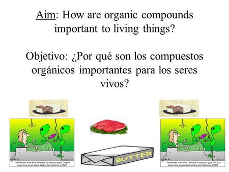 Aim: How are organic compounds important to living things? Objetivo: ¿Por qué son los compuestos orgánicos importantes para los seres vivos?