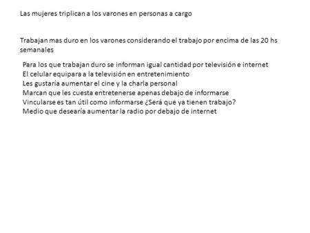 Las mujeres triplican a los varones en personas a cargo Trabajan mas duro en los varones considerando el trabajo por encima de las 20 hs semanales Para.