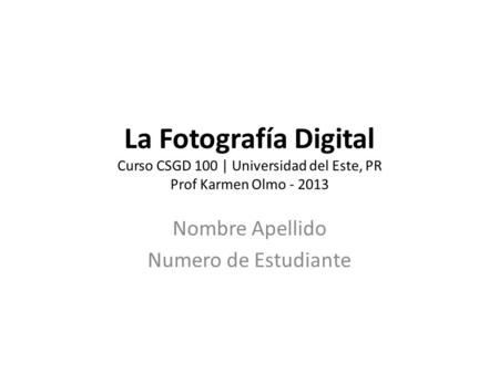 La Fotografía Digital Curso CSGD 100 | Universidad del Este, PR Prof Karmen Olmo - 2013 Nombre Apellido Numero de Estudiante.