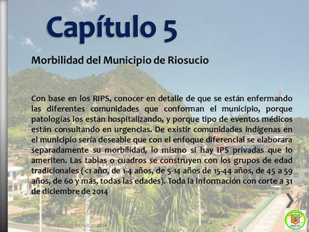 Morbilidad del Municipio de Riosucio MORBILIDAD RIOSUCIO 2014 Con base en los RIPS, conocer en detalle de que se están enfermando las diferentes comunidades.
