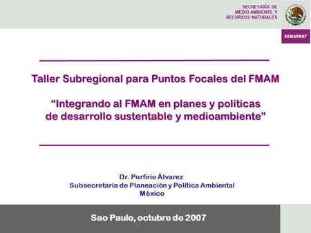 Dr. Porfirio Álvarez Subsecretaría de Planeación y Política Ambiental México SECRETARÍA DE MEDIO AMBIENTE Y RECURSOS NATURALES Sao Paulo, octubre de 2007.